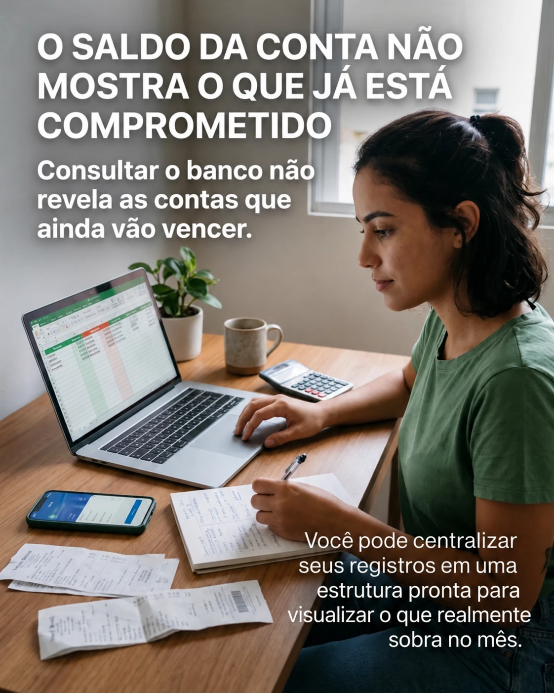 Criativo 4:5 do exemplo Finanças sem Nó: mulher organizando contas com notebook, celular e anotações, com o título O saldo da conta não mostra o que já está comprometido